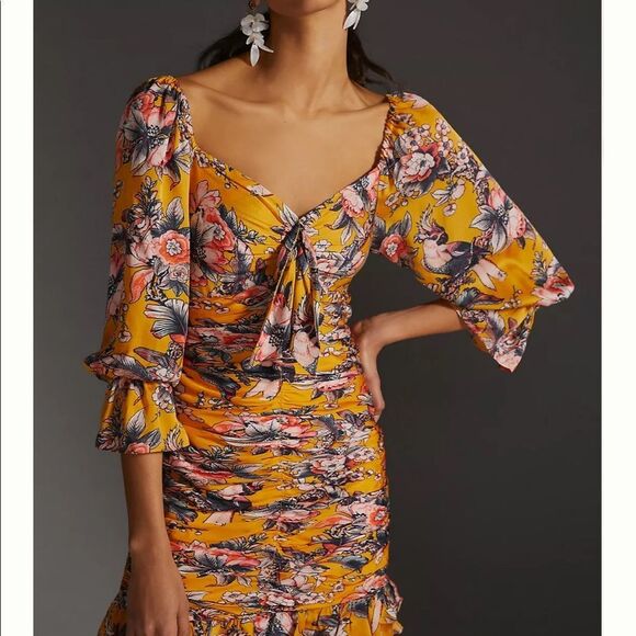 Anthropologie Ranna Gill Ruched Floral Long Sleeve Mini Dress Size XXS NWT - Picture 8 of 13